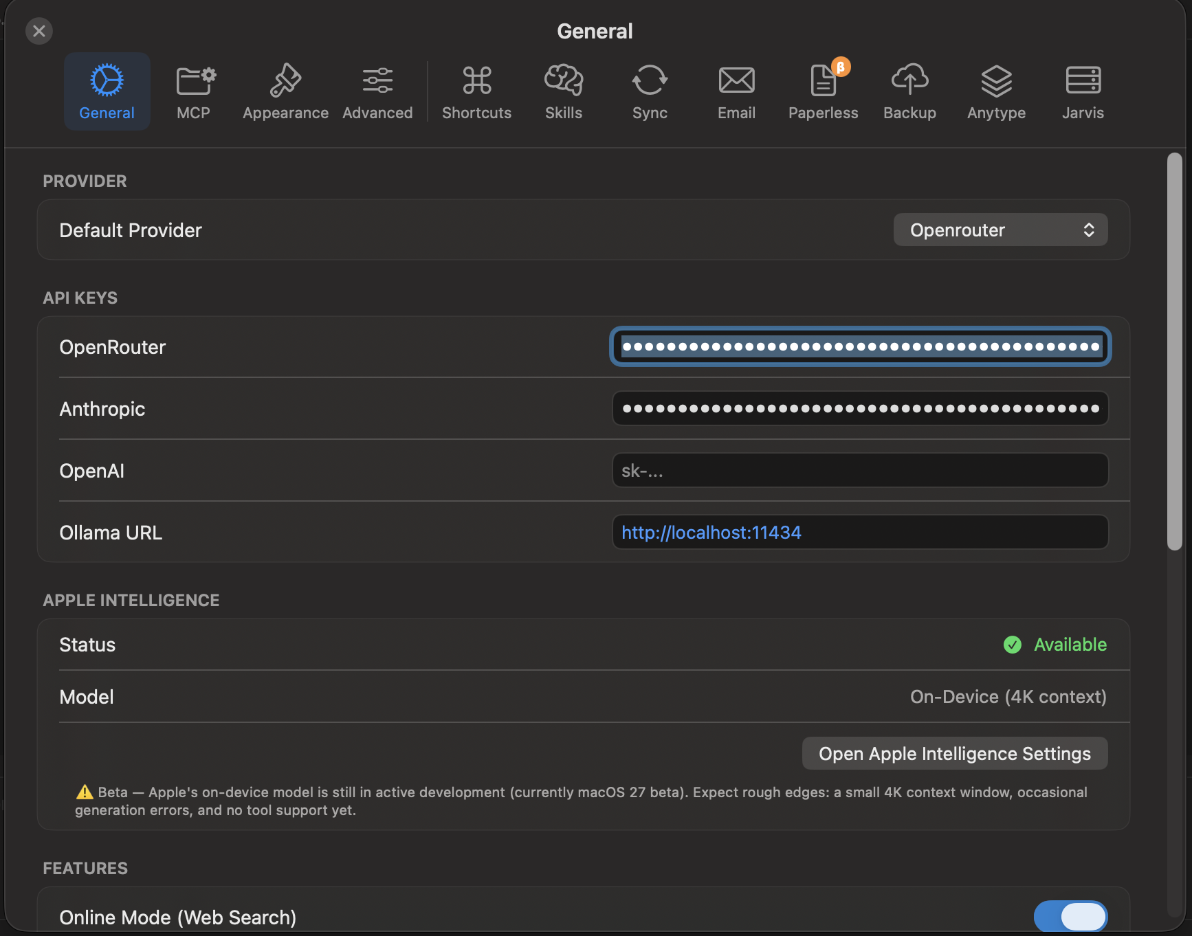 General Settings — API Keys & Apple Intelligence